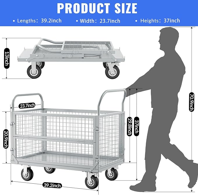 Platform Truck with Cage, Heavy Duty Flatbed Cart, Foldable Hand Truck, Load 2500LB with 4 Swivel Casters, Multi-Functional Push Cart for Grocery, Laundry, Shelving, Pantry