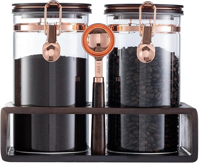 Glass Coffee Container with Wooden Shelf, 2 x 40 FLOZ Coffee Bean Storage with Sealed Closure Clips and Copper Spoon, Kitchen Large Capacity Food Storage Jar, Ground Coffee Container
