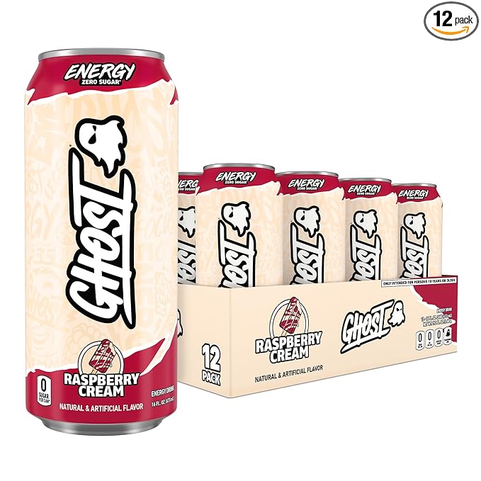 GHOST Energy Drink - 12-Pack, Raspberry Cream, 16oz Cans - Energy & Focus & No Artificial Colors - 200mg of Natural Caffeine, L-Carnitine & Taurine - Gluten-Free & Vegan