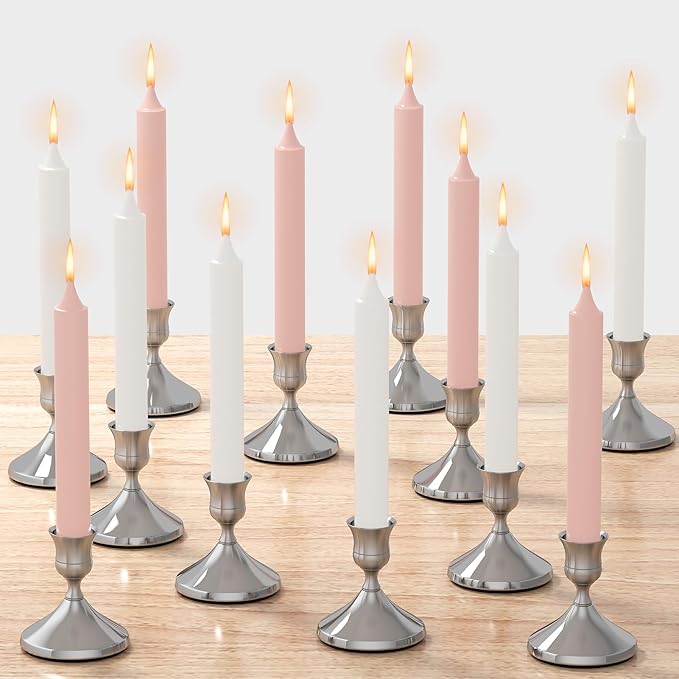 12 Pcs Silver Taper Candle Holders Vintage Candlesticks Holder for Home Decor Table Centerpiece Dining Party Festival Decorations(Silver)