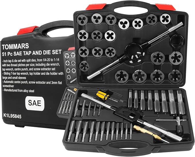 TOMMARS 51-Pc 1/4-20 to 1-14 Jumbo Tap and Die Set SAE Round Threading Dies for Threading and Rethreading Internal and External Threads