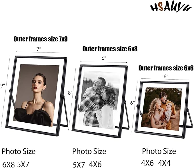 Glass Picture Frame Set of 3, Black Simple Metal Geometric Photo Frame with Glass Cover Includes 5x7, 4x6, 4x4 - Tabletop Floating Picture Frames for Home Decoration, Gift for Father's Day