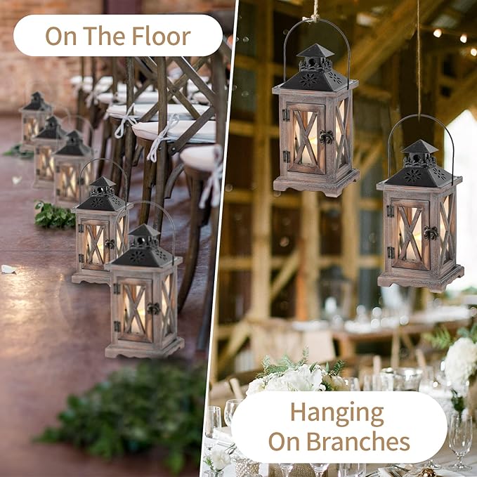 Sziqiqi Farmhouse Lanterns Home Decor Decorative Wood Lantern for Wedding Centerpieces Vintage Brown Candle Lantern for Patio Fireplace Mantel Table Decoration