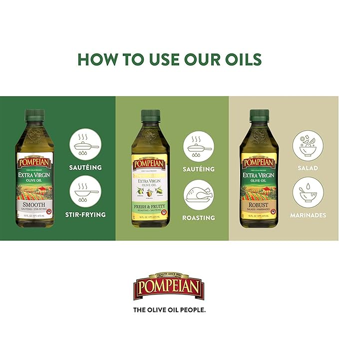 Pompeian Extra Virgin Olive Oil Variety Pack - Smooth EVOO, Gourmet Selection EVOO, Robust EVOO, Contains Polyphenols, First Cold Pressed, 16 Fl Oz, Pack of 3