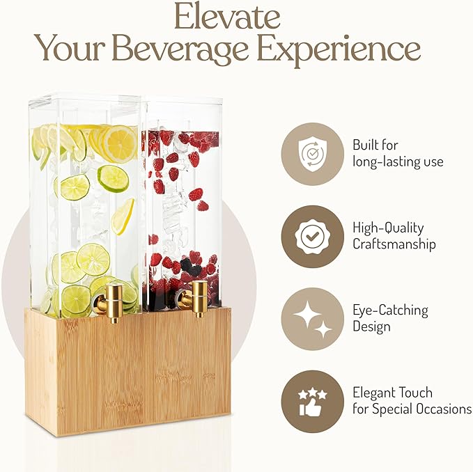 1.25 Gallon Dual Acrylic Beverage Dispenser with Bamboo Stand – Iced Drink Dispenser with Stainless Steel Spigot & Built-in Ice Core