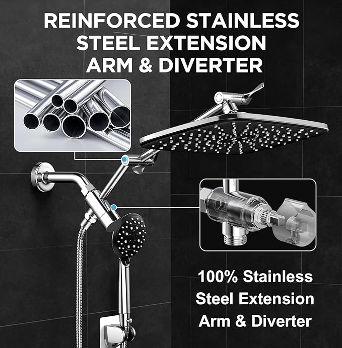 Veken Wide Rain Shower Head with Handheld, High Pressure Rainfall Showerhead Combo with Arm for Bathroom Accessories, Home Decor, Detachable Dual Shower with Multi Modes Handheld Spray, Silver Chrome