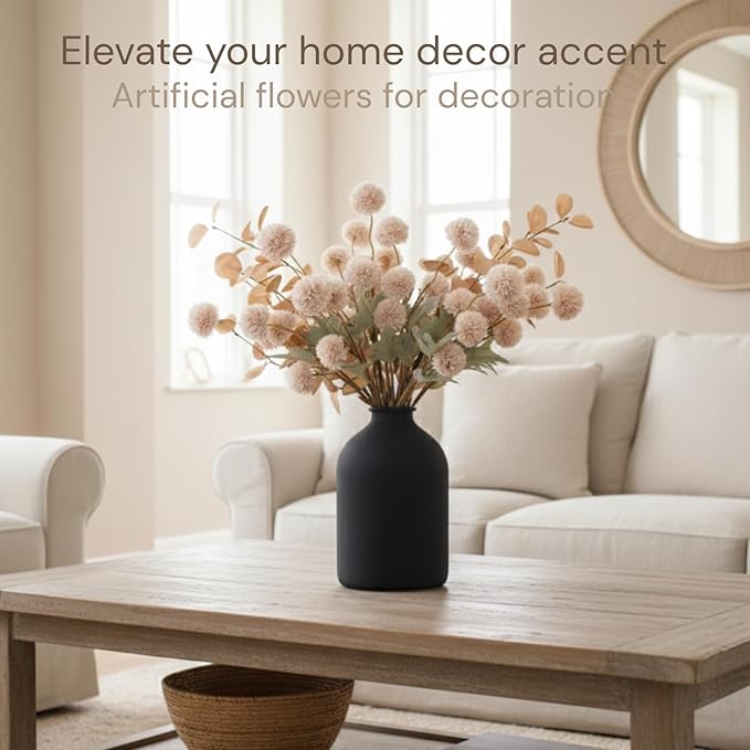 Beige Fake Flowers Silk 10 Stems With Eucalyptus, Faux Flowers For Vase, Artificial Mums Long Stem, Mini Faux Mums Flower Bulk, Tan Nude Cream Neutral Floral, Chrysanthemum Pom Pom Floral Arrangements