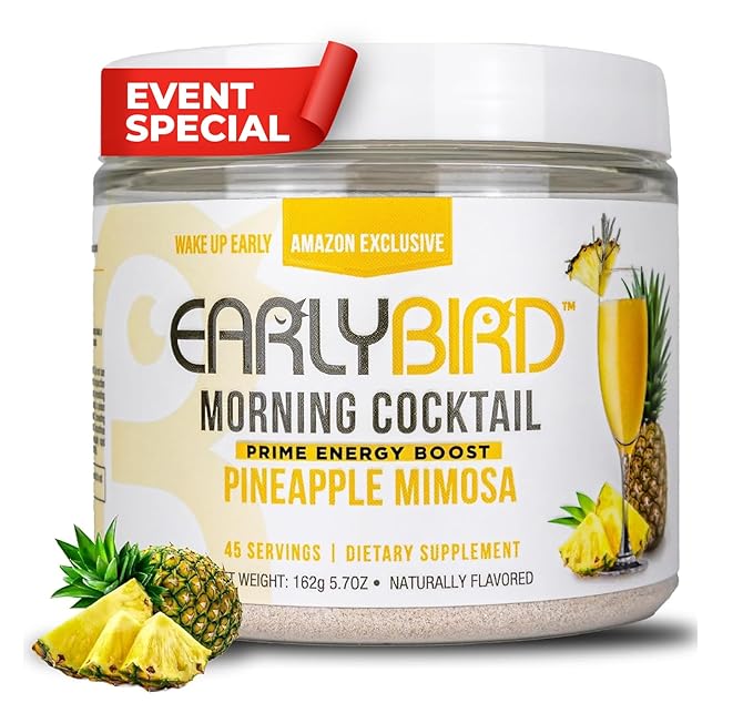 EarlyBird Morning Cocktail - Pineapple Mimosa 45 Servings - Clean Energy Drink (Natural Caffeine), Increased Motivation (Nootropics), Supercharged Hydration (Electrolytes) - Wake Up Early Drink w/