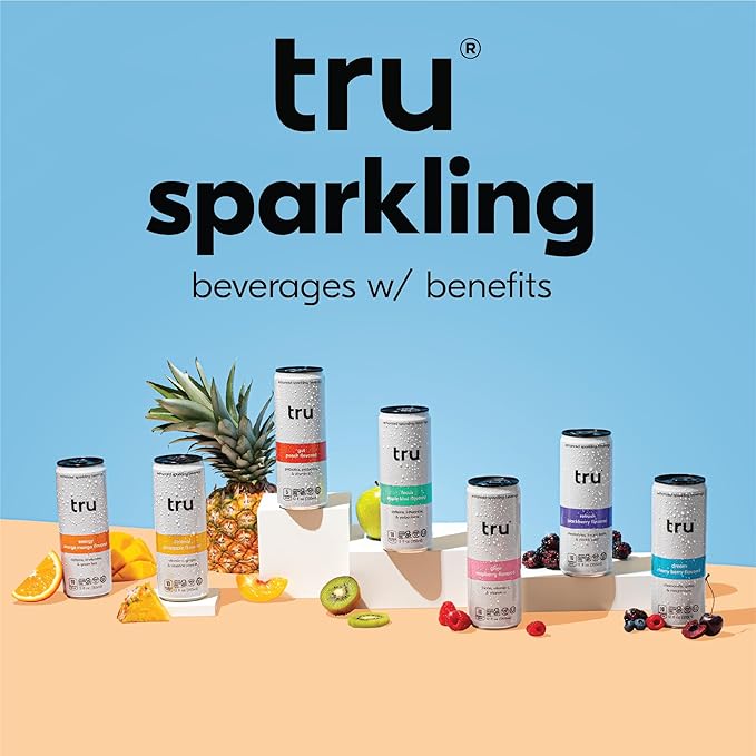 Tru Focus Seltzer, Apple Kiwi Flavored Sparkling Water Made with Real Fruit Juice - Nootropic Drink plus Yerba Mate Extract - Natural Caffeine, Kosher, GF, No Added Sugar Beverages, 12oz (Pack of 24)