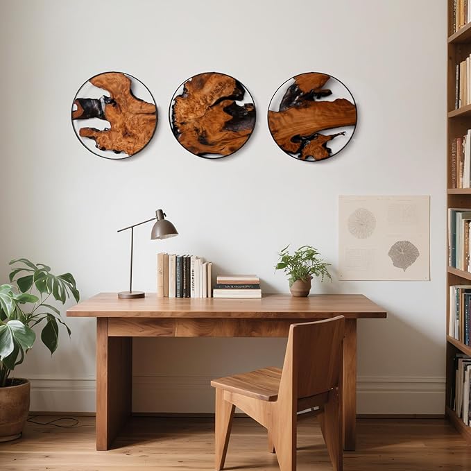 WELLAND 3 Pieces Round Cedar Wood 11.81" L x 0.87" W x 11.81" H Wall Decoration Ornaments, Hanging Decoration for Home Office, Living Room, Bedroom, Bathroom, Dining Room, Entryway