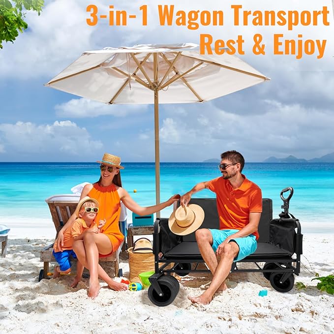 Collapsible Foldable Wagon Cart with Wheels 240L Capacity Folding Sports Wagons, 560LBS Load Large 3-in-1 Grocery Heavy Duty Carts for Sand, Beach, Camping