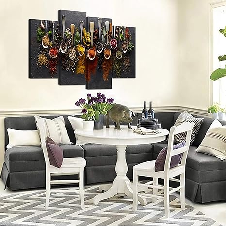 iHAPPYWALL Kitchen Pictures Wall Decor 4 Pieces Couful Spice in Spoon Vintage Canvas Wall Art Food Photos Painting On Canvas Stretched Framed Home Decoration Gift Ready to Hang