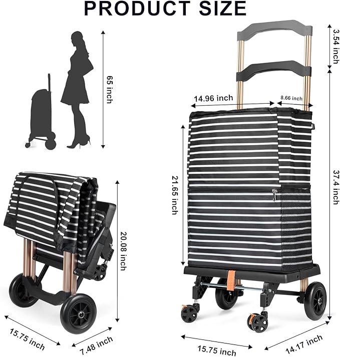 2-in-1 Shopping Cart for Groceries, Lightweight Aluminum Grocery Cart on Wheels and 50L Removable Waterproof Shopping Bag for Moving, Camping (Black)