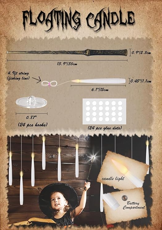 GenSwin 22pcs Flameless Floating Candle with Magic Wand Remote Timer, Battery Operated Hanging Window Candles Flickering, 6.1" LED Electric Candles for Christmas Halloween Decorations(White)