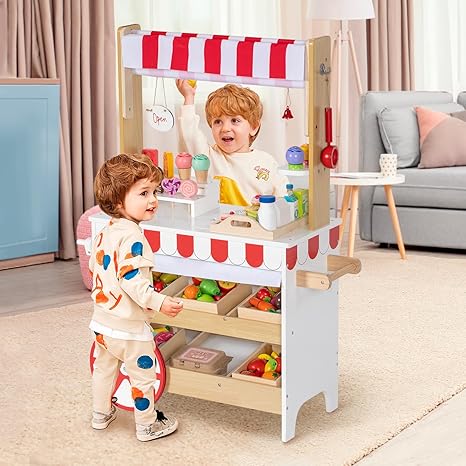 2 in 1 Ice Cream Cart for Kids, Wooden Grocery Store Playset w/ 15 PCS Play Accessories & Display Shelves, Toddler Pretend Play Toy Food Truck Stand with Wheels &Canopy Gift for Girls Boys
