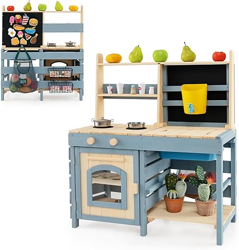 KOTEK 2 in 1 Mud Kitchen, Outdoor Play Kitchen & Grocery Playset w/Removable Sink, Water Tank & Faucet, Stoves, Oven, Blackboard, Storage Bag & Baskets, Double Side Wooden Mud Table for Kids Outdoor