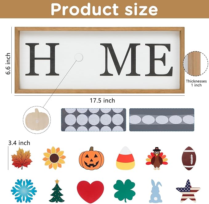 Interchangeable HOME Seasonal Tabletop Sign with 12 Pcs Seasonal Icons Wooden HOME Sign for All Seasons Shelf Mantel Windowsill Decor