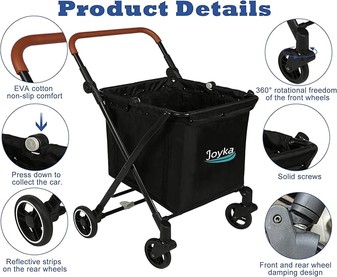 Foldable Shopping Cart 85 Liters Grocery Cart with Cooler Bag Utility Cart Shopping Trolleys with Larger Capacity Rolling Front Swivel Wheels Adjustable for Office Picnic Groceries Laundry