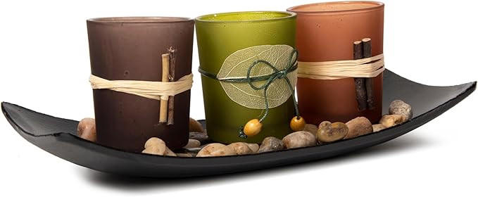 Dawhud Direct Decorative Votive Candle Holders, Vintage Decor Flameless Candlescape Set, 3 LED Tea Light Candles, Rocks and Tray - Fall Table Decor (Earth Tones)