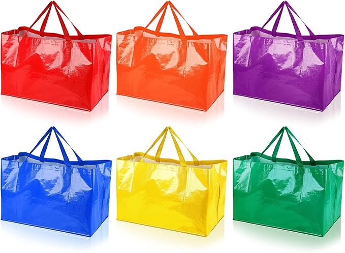 Shappy 6 Pieces Extra Large Reusable Shopping Grocery Bags with Handles Colorful Woven Plastic Waterproof Tote Bags