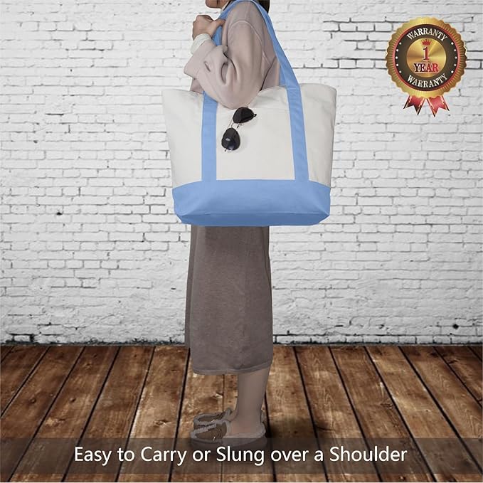 TOPDesign 6-Pack Canvas Tote Bags with an External Pocket, Reusable Grocery Shopping Bags, Top Zipper Closure, Daily Essentials (Light Blue/Natural)
