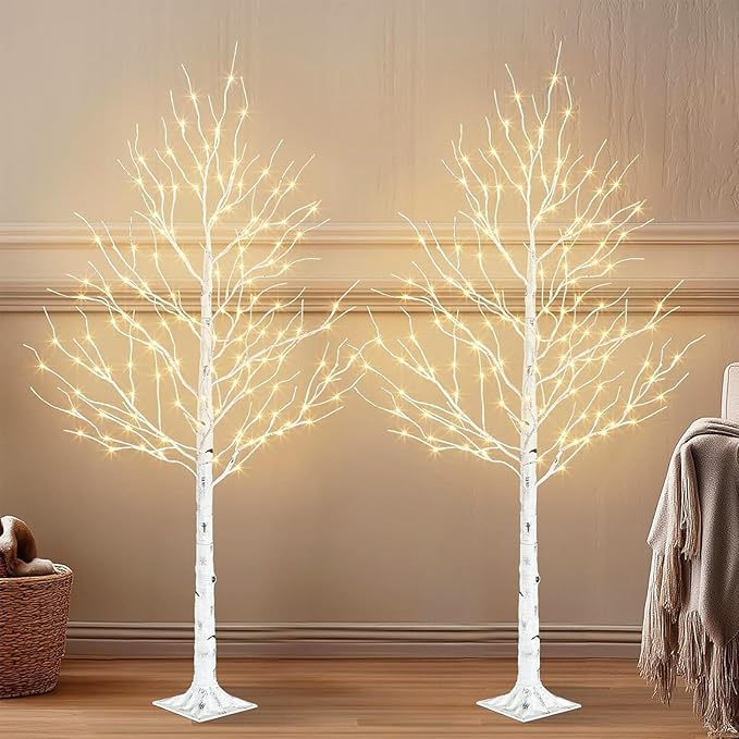 PABIPABI Birch Tree with LED Lights, 2 Pack 6ft Lighted White Christmas Trees Outdoor with Timer & Light Dimmer Prelit Artificial Twig Tree Set for Decorations Indoor Winter Home Garden Bedroom Decor