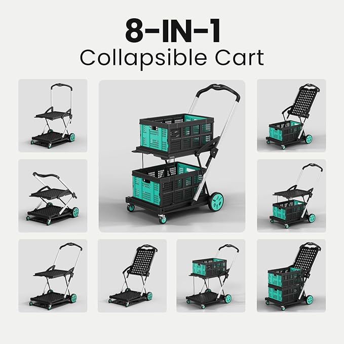 Collapsible Shopping Cart with Wheels,8-in-1 Grocery Cart on Wheels with 2 Storage Crate, Foldable Shopping Carts for Grocery 200 LBS Capacity, Platform Hand Truck with Foot Brake, Blue