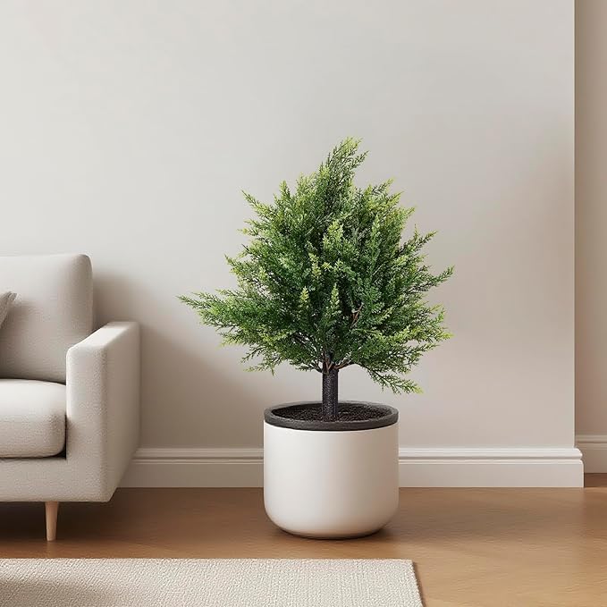 2 Pack 16.5 Inch Artificial Cypress Topiary Trees, Realistic Faux Potted Plants for Indoor Outdoor Home Garden Office Decoration (UV Resistant)
