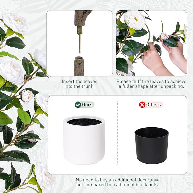 47 inch Artificial Camellia Tree with White Flower Pots -2 Pack White Fake Tree,4 Ft Faux Plants Indoor wich Blooming,Artificial Plants for Indoor & Outdoor Home Front Door Decor