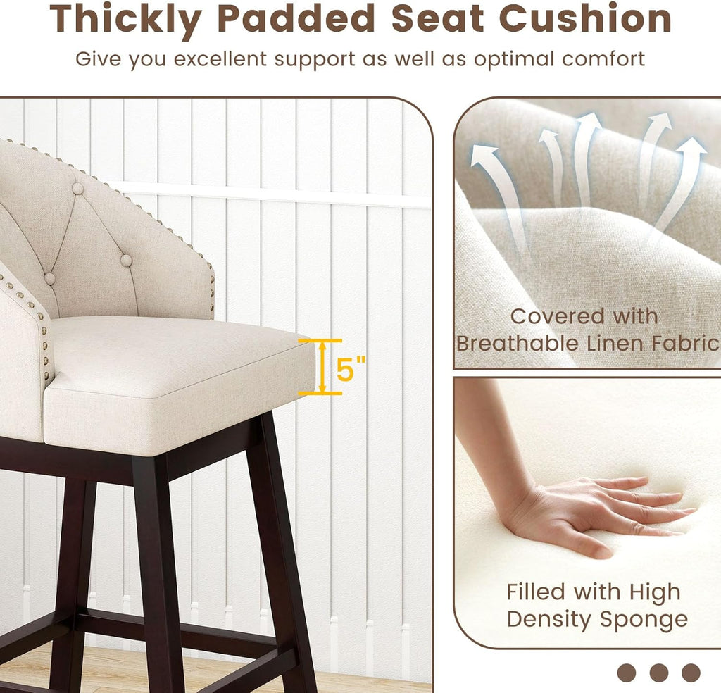 Giantex Modern Upholstered Bar Stools Set of 2, 31" Bar Height Swivel Kitchen Stools w/Button-Tufted Back, Rubber Wood Frame, Rivet Decoration, Linen Fabric Barstools for Counter Island, Cafe, Beige