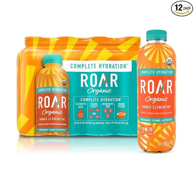 Roar Organic Electrolyte Infusions - USDA Organic - Mango Clementine - with Antioxidants, B Vitamins, Low-Calorie, Low-Sugar, Low-Carb, Coconut Water Infused Beverage 18 Fl Oz (Pack of 12)