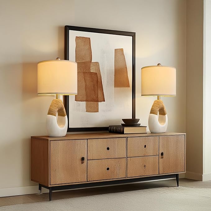 OYEARS 22” Boho Table Lamps for Bedroom Living Room Upgraded Set of 2 Medium Farmhouse Rattan Table Lamps, Rustic Home Decoration Nightstand Bedside Lamp for Office (Not Include Bulbs)