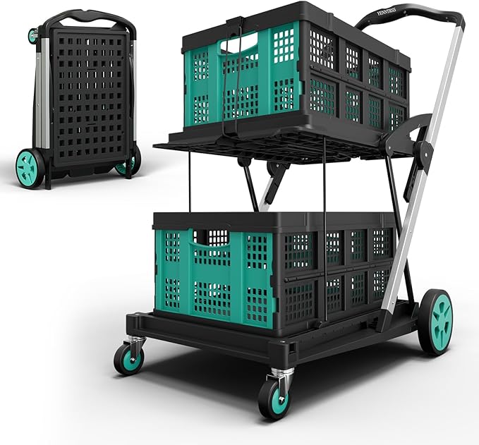 Collapsible Shopping Cart with Wheels,8-in-1 Grocery Cart on Wheels with 2 Storage Crate, Foldable Shopping Carts for Grocery 200 LBS Capacity, Platform Hand Truck with Foot Brake, Blue