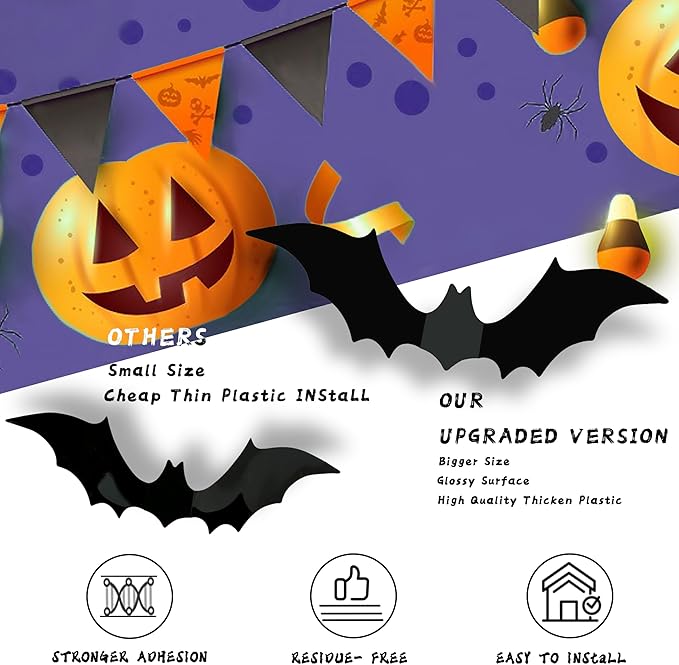 Halloween Party Supplies Hallween Decorations Bats Wall Decor 140PCS Realistic PVC 3D Black Scary Bat Sticker for Creepy Home Decor Halloween Party Decorations DIY Wall Decal Bathroom Indoor Halloween Decor