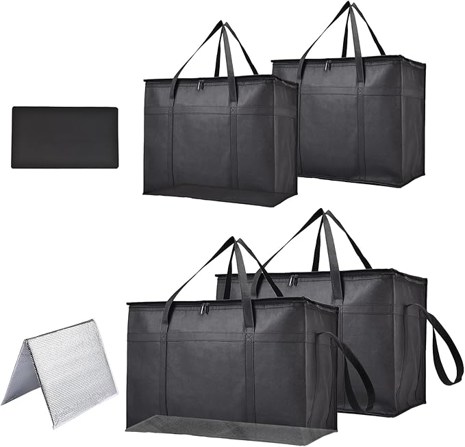 4-Pack Insulated Food Delivery Bags – 2 XXXL & 2 XL Reusable Hot & Cold Thermal Bags with Removable Base Plates – Catering, Pizza Delivery, Grocery & Travel