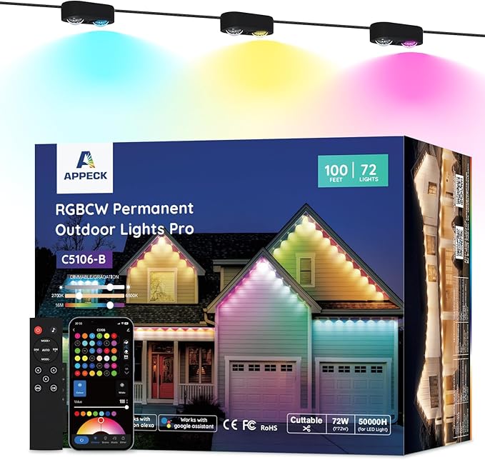 APPECK Permanent Outdoor Lights Pro 100ft, 72W RGBCW Eaves Lights with 72 LED Lights, 80lm, Cuttable, 111 Scene Modes, IP67 Waterproof Lighting for Halloween Decoration, Work with Alexa, Black