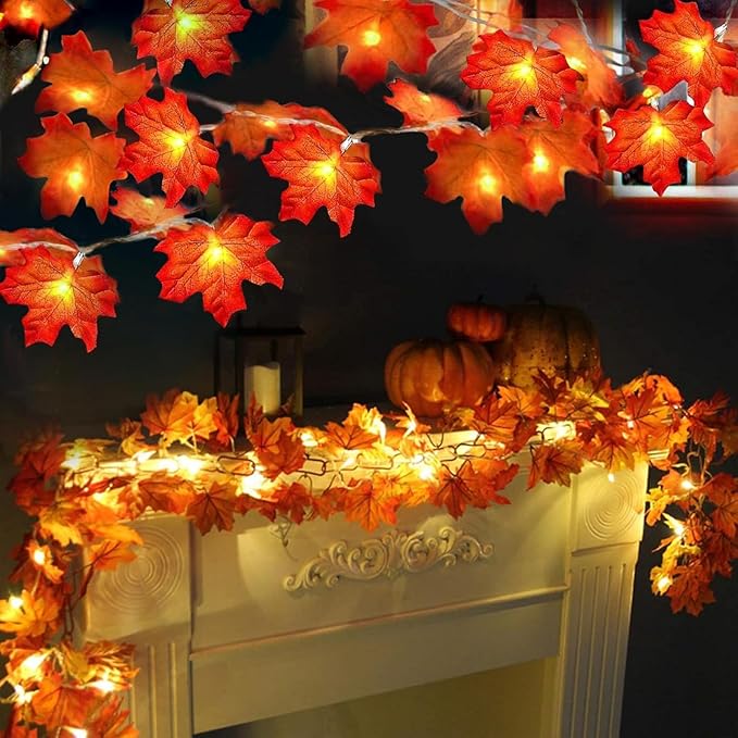 TURNMEON 2 Pack Thanksgiving Decorations Enlarged Maples Leafed Lights Total 20Ft 40LED Fall Decorations for Home, Battery Operated Autumn Garland Waterproof Indoor Outdoor Holiday Christmas Halloween
