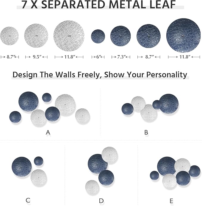 Silver and Blue Wall Decor for Living Room, 7PCS Metal Wall Hanging Sculptures for Office Apartment Bathroom Decoration, Modern Silver Home Decor for Staircase Hallway Porch Housewarming Gift