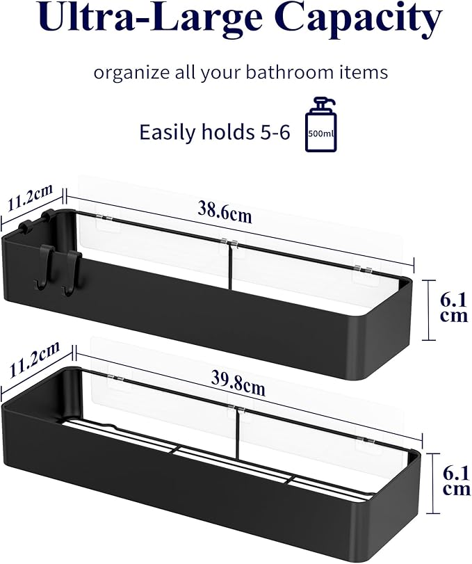 Kitsure X-Large Shower Caddy - 2 Pack Adhesive Shower Organizer, Rustproof Metal Shelves, No-Drill Bathroom Organizers and Storage, Black