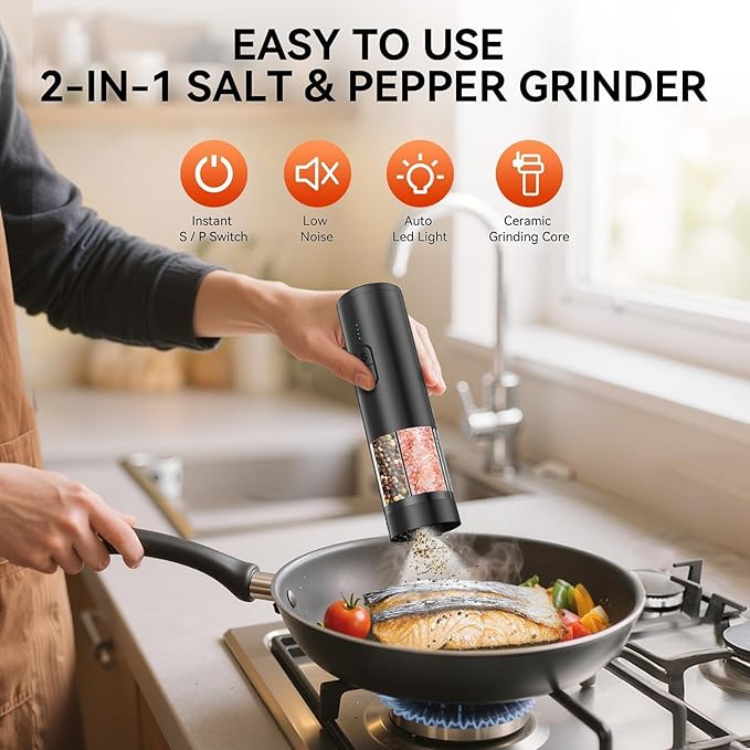 2 in 1 Electric Salt and Pepper Grinder Set, USB Rechargeable, Automatic Salt and Pepper Mill Shakers with LED Light, Battery Display, Adjustable Coarseness, Ideal for Kitchen Outdoor BBQ Gift