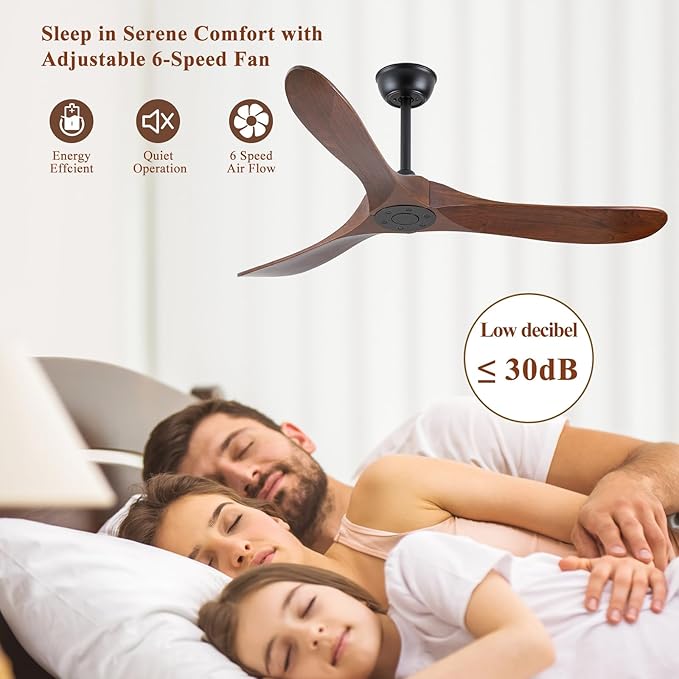 52 Inch Ceiling Fan with Remote Control, Solid Wood, 6-Speed DC Motor, 3 Reversible Walnut Wooden Blades, 1/4/8 Hour Timer, Quiet & Energy Efficient for Indoor/Outdoor Use
