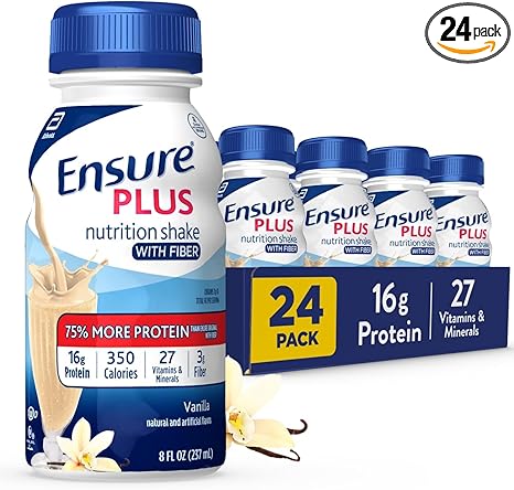 Ensure Plus Vanilla Nutrition Shake With Fiber | Meal Replacement Shake | Ready to Drink | 16g Protein and 27 Vitamins and Minerals | 8 fl oz - 24 Pack