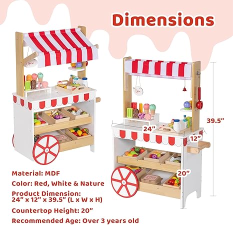 2 in 1 Ice Cream Cart for Kids, Wooden Grocery Store Playset w/ 15 PCS Play Accessories & Display Shelves, Toddler Pretend Play Toy Food Truck Stand with Wheels &Canopy Gift for Girls Boys