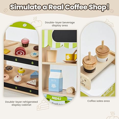 24 Pcs Pretend Play Coffee Shop, Kids Grocery Store Set, Wooden Drive-Thru Window, Coffee Maker, Oven, Cash Register, Bakery Toys Food Accessories Gift for Boys Girls 3+ Years Old