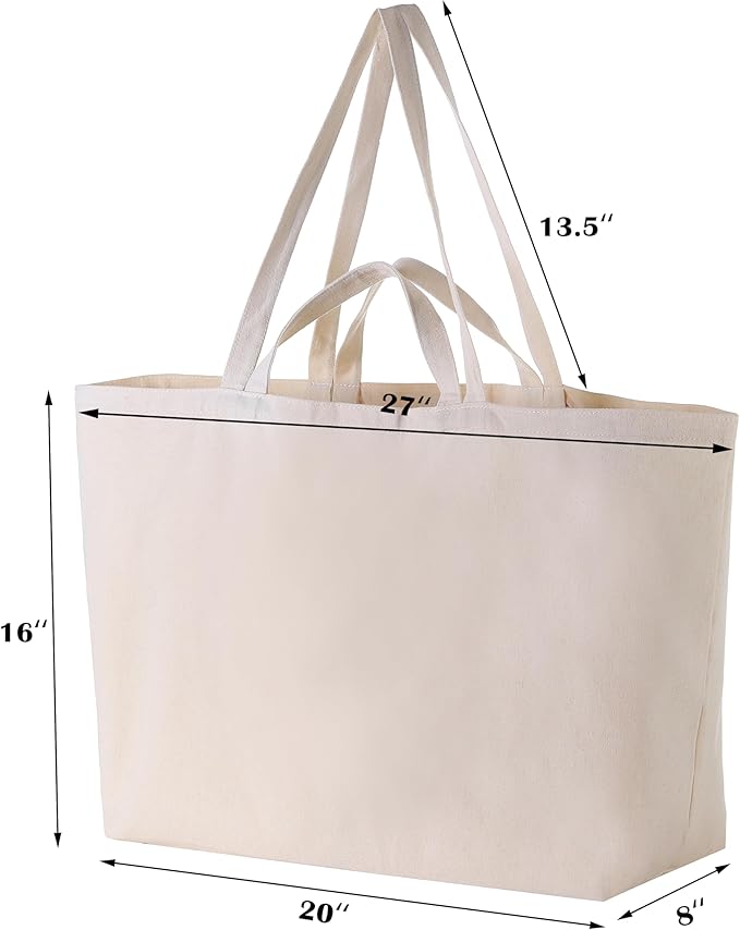 27 Inch Extra Large Canvas Shopping Bags Jumbo Heavy Duty Reusable Grocery Bags Bulk Blank Tote Bags with Double Handle