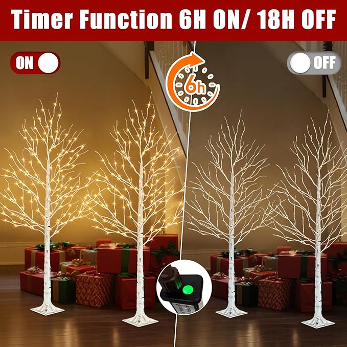 PABIPABI Birch Tree with LED Lights, 2 Pack 6ft Lighted White Christmas Trees Outdoor with Timer & Light Dimmer Prelit Artificial Twig Tree Set for Decorations Indoor Winter Home Garden Bedroom Decor