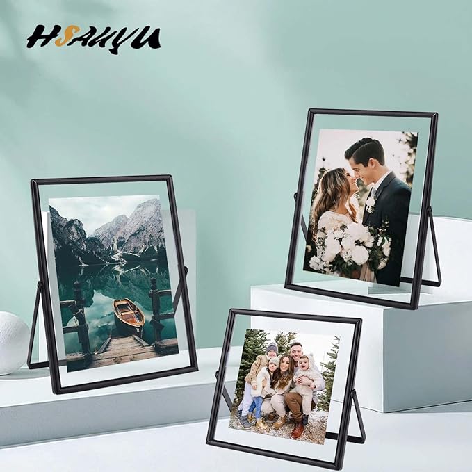 Glass Picture Frame Set of 3, Black Simple Metal Geometric Photo Frame with Glass Cover Includes 5x7, 4x6, 4x4 - Tabletop Floating Picture Frames for Home Decoration, Gift for Father's Day