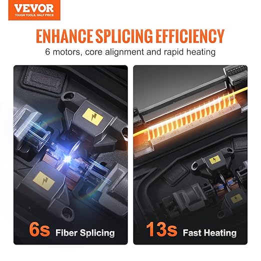VEVOR Fiber Fusion Splicer 6-Motor, Core Alignment Fiber Optic Splicer 6s Splicing & 13s Heating, with 5" LCD Screen, 7800mAh Battery for SM MM DS NZDS