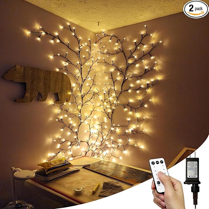 2Pcs Enchanted Willow Vine Lights with Remote, Christmas Swags Decorations Indoor Room Decor, 18 Branches 144 LEDs Lighted Willow Vine Lights for Walls Bedroom Home Decor