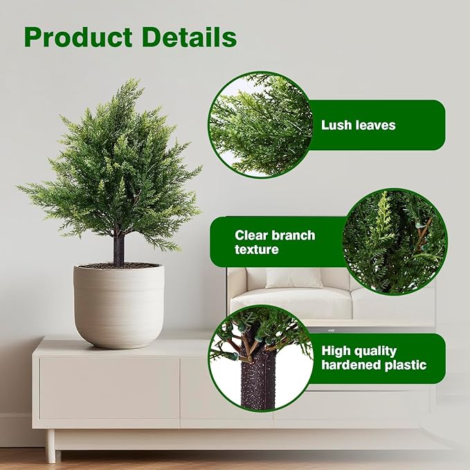 2 Pack 16.5 Inch Artificial Cypress Topiary Trees, Realistic Faux Potted Plants for Indoor Outdoor Home Garden Office Decoration (UV Resistant)